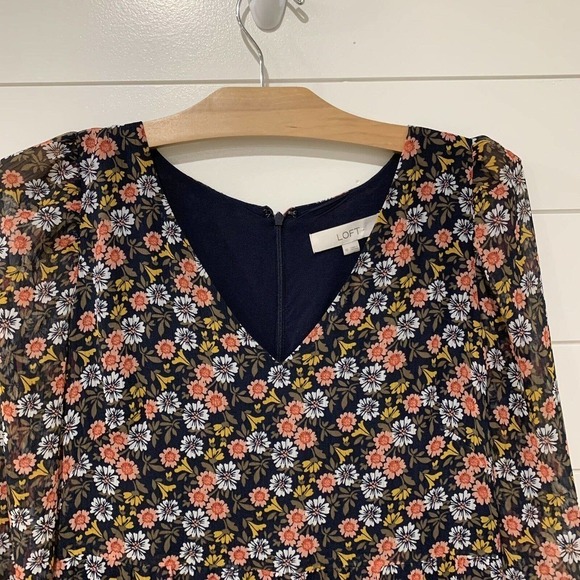 Ann Taylor LOFT | Midi Dress Long Sleeve Floral V Neck Navy- Size 10 - Picture 2 of 10